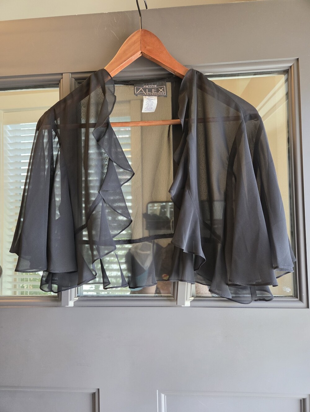 Alex Evenings Black Sheer Chiffon Ruffle Shrug Cropped Cardigan Petite